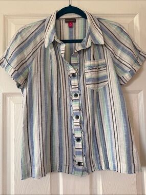 Vince Camuto Striped Linen Collared Short Sleeve Raw Edge Blouse XS